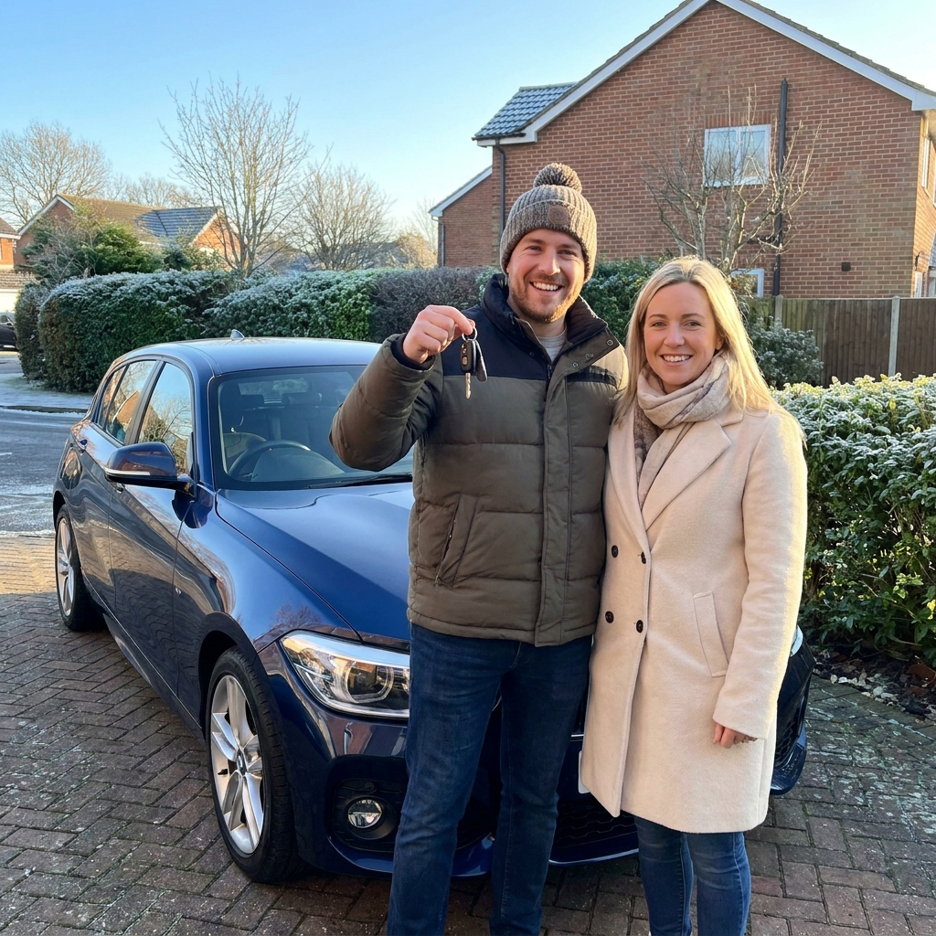 Sophie and James with their new BMW 1 Series